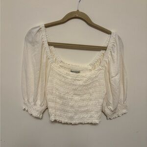 NWOT Urban Outfitters Smocked Milkmaid Puff Sleeve Crop Top Cream/White (Size M)
